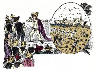 Den mexicanske revolution (1910-1920): historie om hårdt arbejde af en af arbejderne i Valle Nacional, omkring 1908 - Xylografi af Jose Guadalupe Posada (1852-1913)