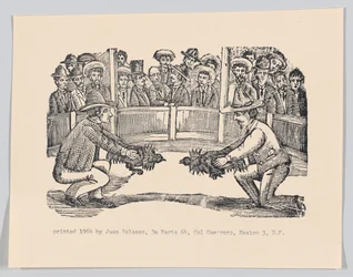 To mænd i en arena holder haner som forberedelse til en kamp, spe..., ca. 1890-1910, genoptrykt 1964.