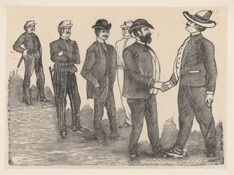 To mænd giver hånd i forgrunden og betjente ser på dem i baggrunden..., ca. 1880-1910.