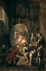 ""kejseren Charles V (1500-1558) tog penselen op af maleren Tiziano Vecellio sagde Tizian (1485-1576), maler ved kejserens hof"" Maleri af Jose Felipe Parra (1824-1864) Valencia fra det 19. århundrede , Museo de Bellas Artes San Pio V