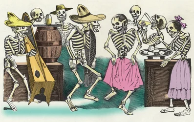 De levende døde: "" Gran Fandango y Francachela de todas las Calaveras "", xylografi af José Guadalupe Posada (1852 - 1913), der illustrerer festlighederne på De Dødes Dag (1. november). Fra Mexico.