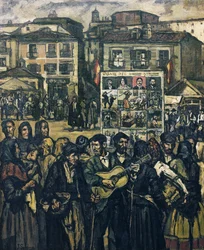 GUTIERREZ SOLANA, Jose (1886-1945). El cartel del crimen (El musico ciego) - forbryderkartellet (den blinde musiker). ca. 1920. (78 x 64 cm). Olie på lærred. Privat samling