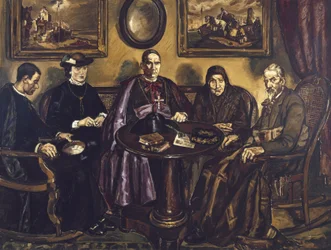 GUTIERREZ SOLANA, Jose (1886-1945). Biskoppens besøg. 1926. (161 x 211 cm). Olie på lærred. SPANIEN. MADRID (SELVSTYRENDE REGION). Madrid. Reina Sofia Kunstcenter Nationalmuseum
