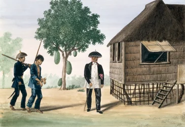 En fange ført af en politimand og en rådmand, fra "The Flebus Album of Views In and Around Manila", ca. 1845