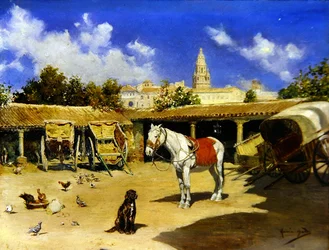 En gårdhave i Murcia med katedraltårn (olie på panel)