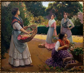Blomsterhandlere i Maria Luisa-parken - Maleri af Jose Rico Cejudo (1864-1939), olie på lærred