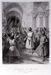 Godfrey of Bouillon (ca. 1060-1100) valgt til konge af Jerusalem, graveret af Leopold Massard (1812-89) (gravering)