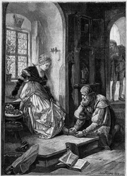 Eva i Hans Sachs værksted (3. akt af operaen “Die Meistersinger von Nurnberg””, på fransk “The Master Singers of Nurnberg”” af Richard Wagner, skrevet i 1868) baseret på Joseph Fluggens maleri. Indgravering i "The Illustrous World"
