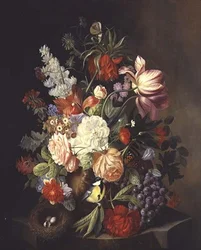Et stilleben med blandede sommerblomster i en urne (olie på lærred)