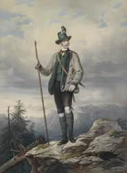 Portræt af den unge kejser i Ischl-jagtdragt, farvelitografi af Kriehuber, 67 x 49 cm