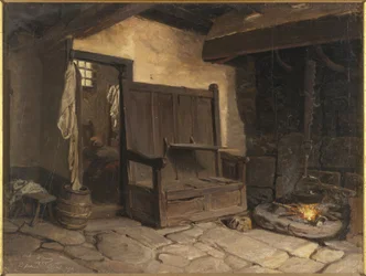 A Cottage Interiør (olie på papir monteret på masonit)