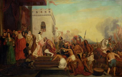 Christoffer Columbus modtaget af Ferdinand II og Isabella den Katolske ved sin hjemkomst fra Indien ...