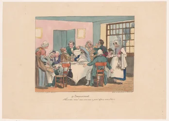 Gezelschap aan tafel aan het fasten Laver du sjov? Vi har fastet siden i forgårs (titel på objekt) Ongemakken (serietitel) Ulempe (serietitel på objekt)