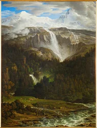 Schmadribach-vandfaldet i Lauterbrunn-dalen, Berner Oberland, Schweiz ... (olie på lærred)