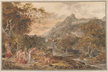 Udsigt over Vietri med unge landkvinder, der danser for hyrder i forgrunden, 1800.