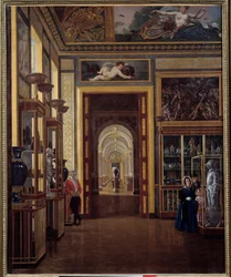 Smykkerummet ved Louvre og enfilade af Charles X-rummene. Maleri af Joseph Auguste (1800-tallet)