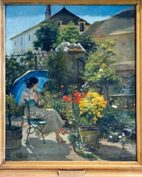 I haven En ung kvinde med en paraply og omgivet af blomster. Maleri af Joseph Bail (1862-1921) 20. århundrede. Lyon, Museum of Fine Arts