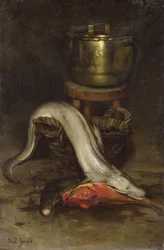 Stilleben med fisk og gryde