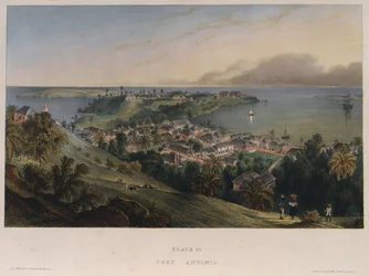 Port Antonio, Jamaica. Litografi (42x57,2 cm) af Joseph Bartholomew Kidd (1808-1889)