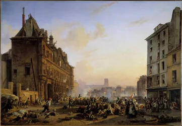 Les Trois Glorieuses (27., 28. og 29. juli): "" Angreb på Paris Rådhus den 28/07/1830"" Maleri af Joseph Beaume (1796-1885) 1831 Søn. 1,45x2,1 m