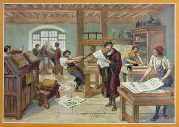 Gutenbergs opfindelse af bogtryk med løse typer, illustration fra "Første bog om Frankrigs historie" af A. Aymard, udgivet af Hachette