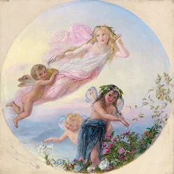 En Sylph og hendes Fairy Attendants besprinkler den tidlige morgendug