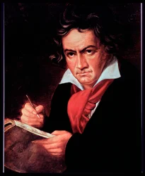Portræt af den tyske komponist Ludwig van Beethoven, der skriver Missa solemnis. (maleri