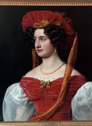Portræt af kvinde med rød hat-maleri af Joseph Karl Stieler (1781-1858) 1800-tallet. München, Chateau De Nymphenburg