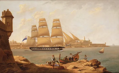 En fregat passerer Fort St Elmo, mens den er på vej ud af Grand Harbour, Valetta, Malta (olie på lærred)