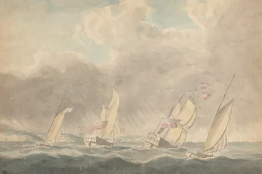 To Krigsslupper, en Bark og en Skonnert (?), Sterns Forward, in Heavy Sea; Flere sejlfartøjer i baggrunden