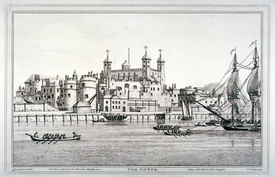 Sydlig udsigt over Tower of London med både på Themsen, 1795