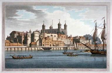 Sydlig udsigt over Tower of London med både på Themsen, 1795