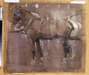 Cab Horses fra Gaslight (akvarel og kropsfarve på linned)