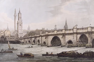 Udsigt over London Bridge, inklusive Church of St. Magus og The Monument, indgraveret af J.C. Stadler
