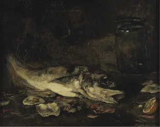 Stilleben med fisk og appelsiner