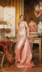 En elegant dame i et interiør,