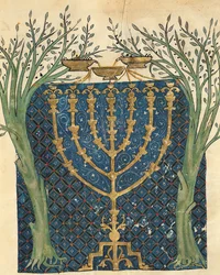 Belysning af en menorah, fra den jødiske Cervera-bibel, 1299
