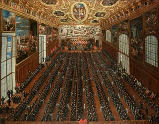 Det indre af Sala Maggior Consiglio, Dogepaladset, Venedig, med patriciere, der stemmer om en bulletin til valg af nye magistrater.