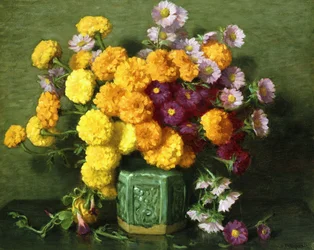Morgenfruer og asters i en kinesisk vase