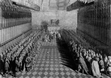 Prins William tilbyder sit sværd til dekanen ved alteret, ridderne står under deres faner, udgivet i 1730, indgraveret af J. Pine