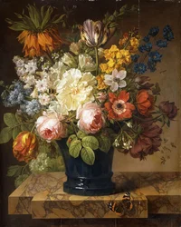 Blomster i en vase på en marmorafsats med en rød admiral, en humlebi, to biller og en guldsmede, 1807