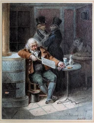 Reading of the Gazette””: gammel mand sov på en café og læste avisen “The Gazette”” i 1824. Litografi af Joseph Louis Hippolyte Bellange (1800-1866) 1824 Paris, Musee Carnavalet