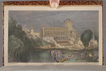 Jedburgh Abbey som bundet i Vol. II af Sir Walter Scotts poetiske værker, indgraveret af Robert Brandard (1805-1862)