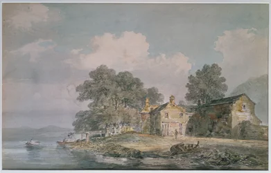 Et bondehus ved en sø i sødistriktet, ca. 1797