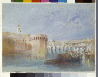 Angers: Doutres mure med tårnet i La Trinité-kirken (akvarel og gouache på blåt papir)