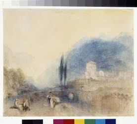 Bellinzona (akvarel med kuglepen og rødt blæk på hvidt papir)