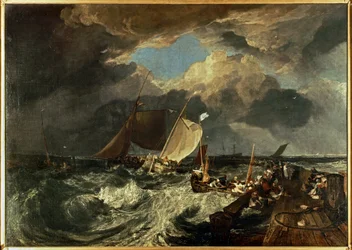 Calais Pier med franske fiskere, der gør sig klar til at sejle: En engelsk pakke ankommer ... (maleri på lærred)