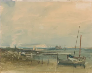 Kystscene med hvide klipper og både på kysten