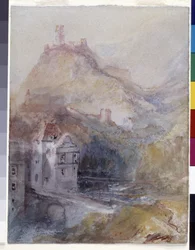 Cochem On The Mosel (akvarel og gouache på blåt papir)