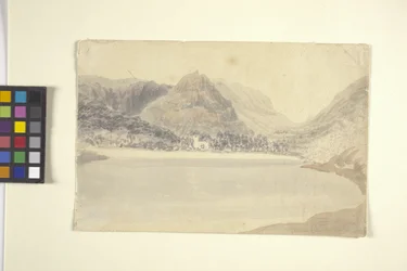 Grassmere Lake And Church (akvarel over blyant på råhvidt papir)